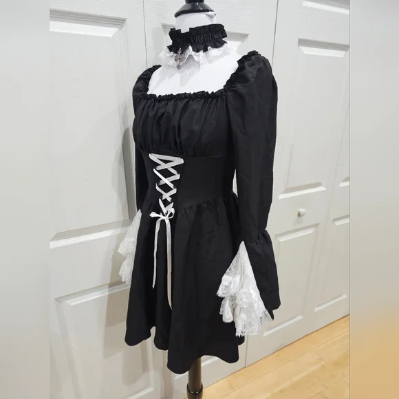 Dolls Kill Dark In Love Black & White Lace Goth Witchy Lace Up Mini Dress M - Picture 7 of 11